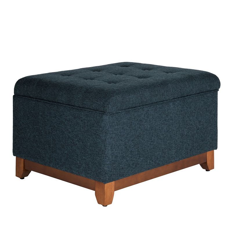 Textured Fabric Upholstered Wooden Ottoman With Button Tufted Top， Blue and Brown