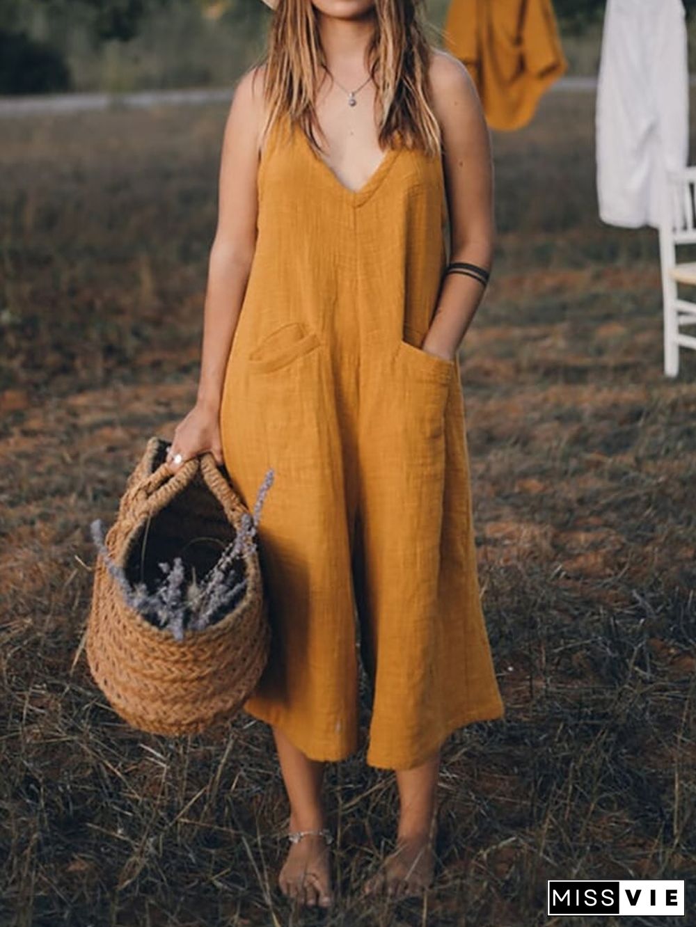 Solid Color V-Neck Sling Casual Jumpsuit