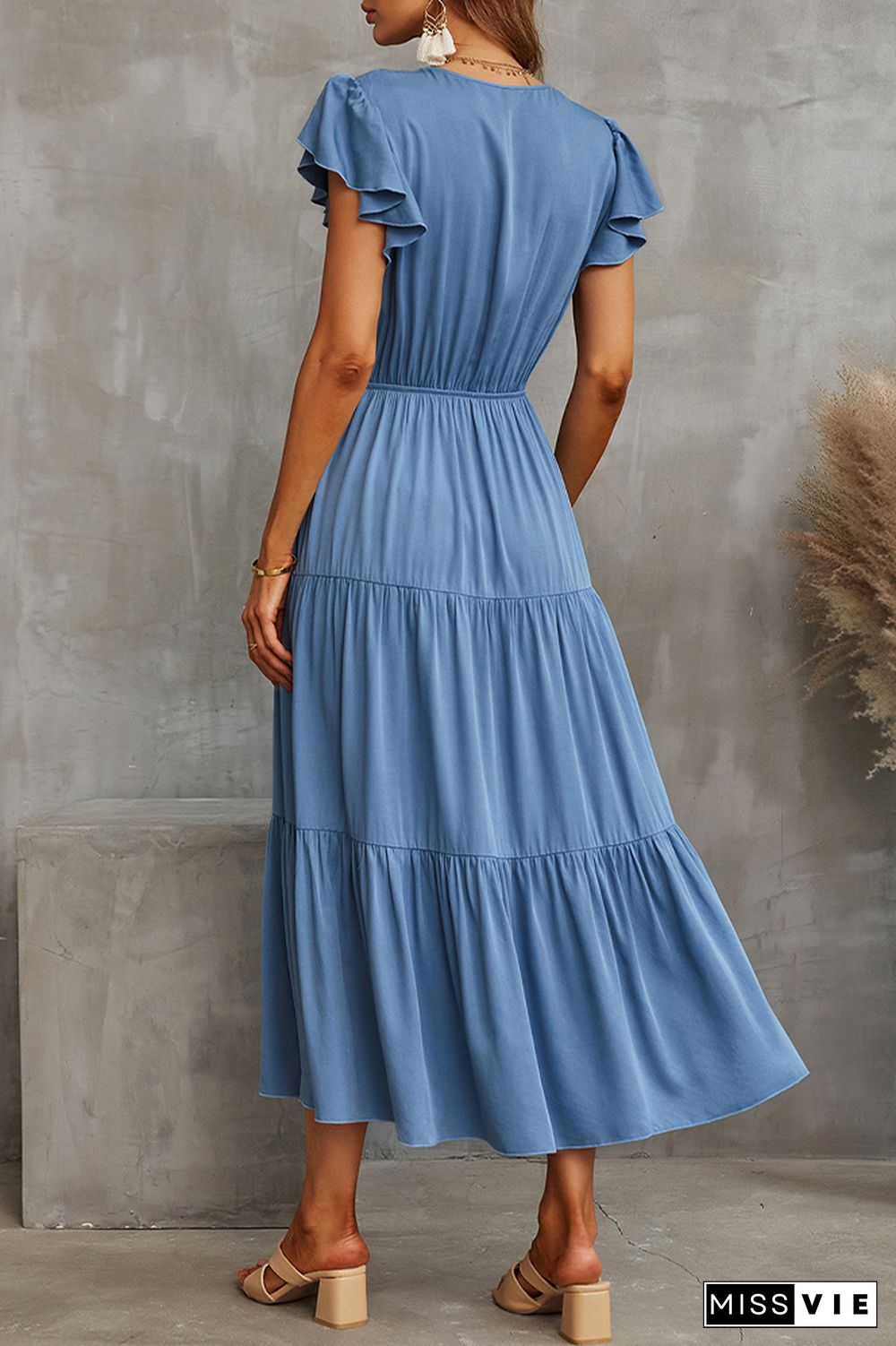 Solid Color Ruffles Short Sleeve Midi Dress Wholesale