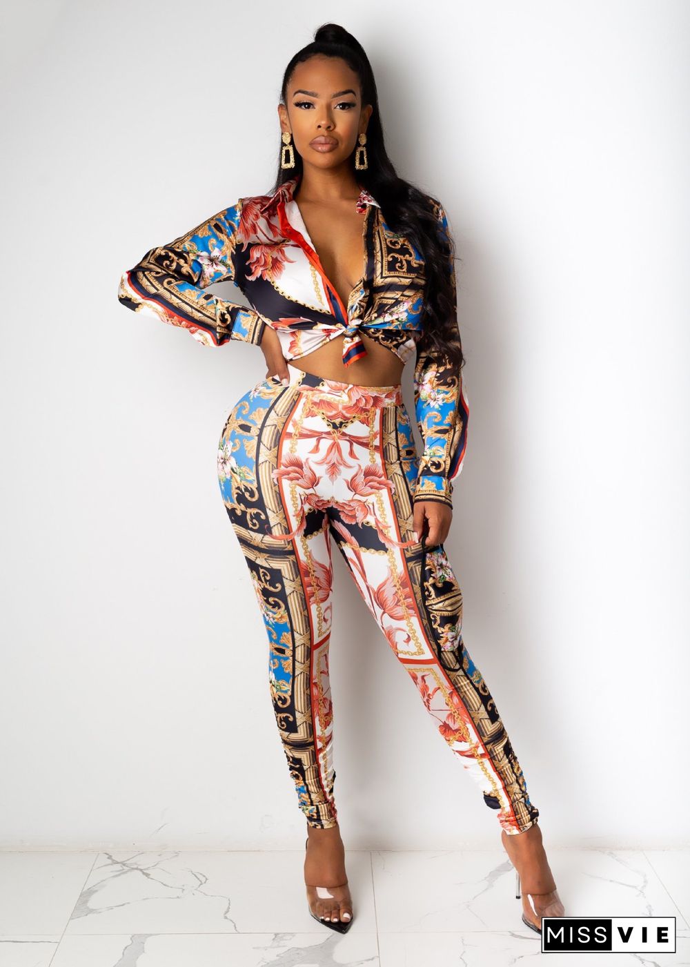 Colorful Printed Long Sleeve Shirt Skinny Pant Two Piece Set