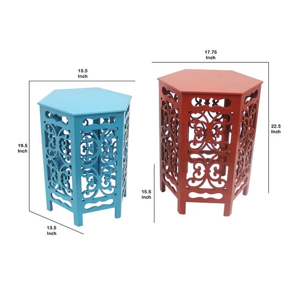 2 Piece Hexagonal Wooden Side Table with Cut Out Details， Red and Blue