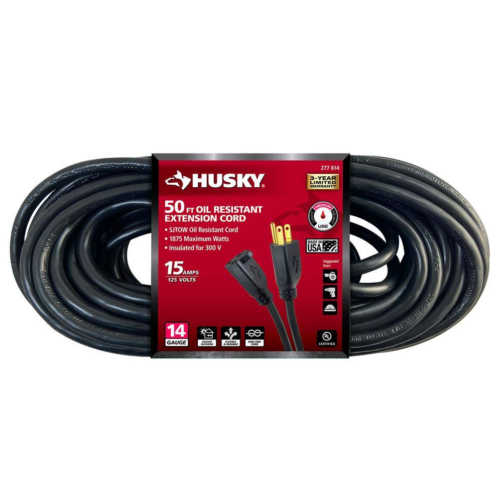 Husky 50 ft. 143 Medium Duty IndoorOutdoor Oil Resistant Extension Cord Black 57050BLKHY