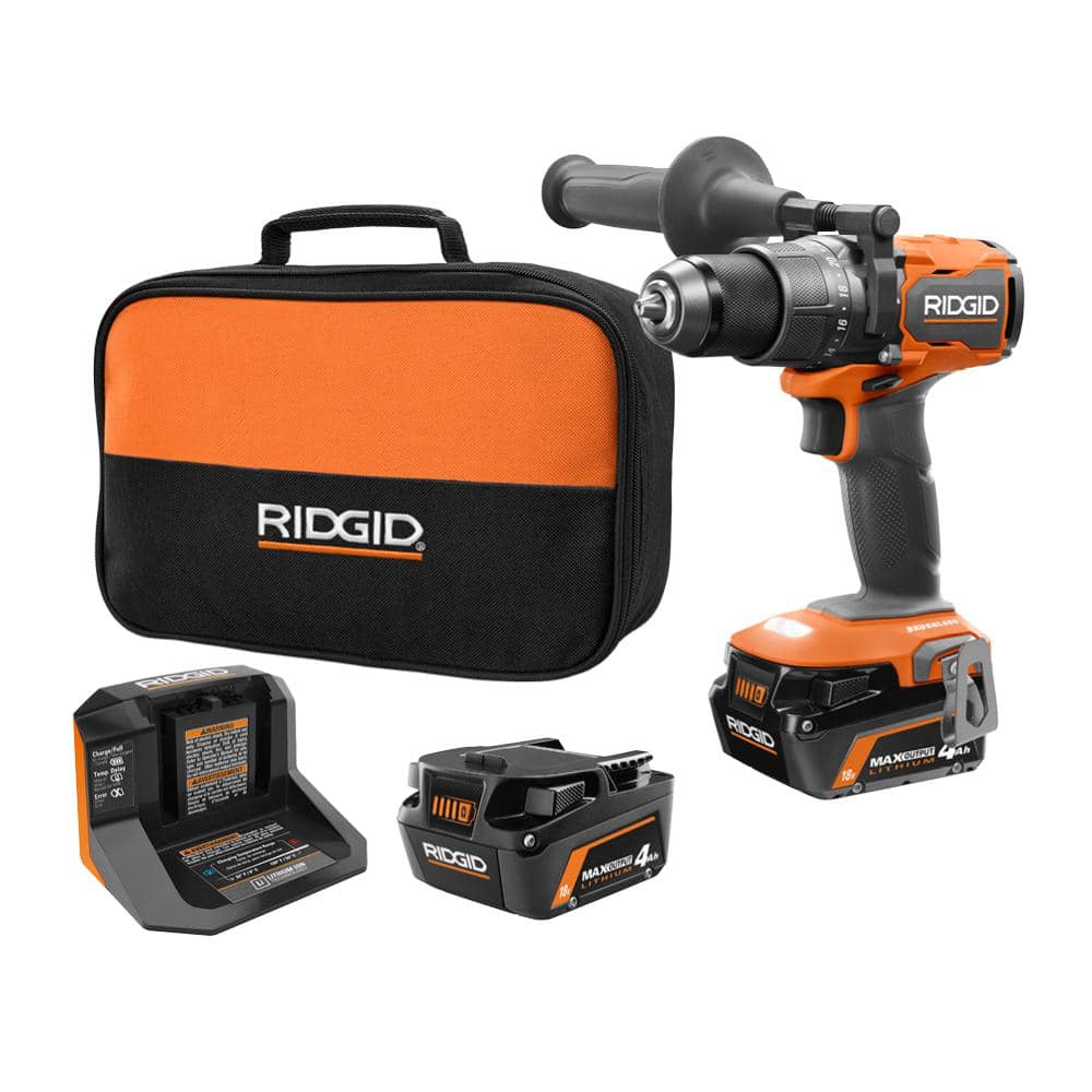 Ridgid 18V Brushless Cordless 1/2 in. Hammer Drill/Driver Kit With (2) 4.0 Ah MAX Output Batteries， 18V Charger， And Tool Bag