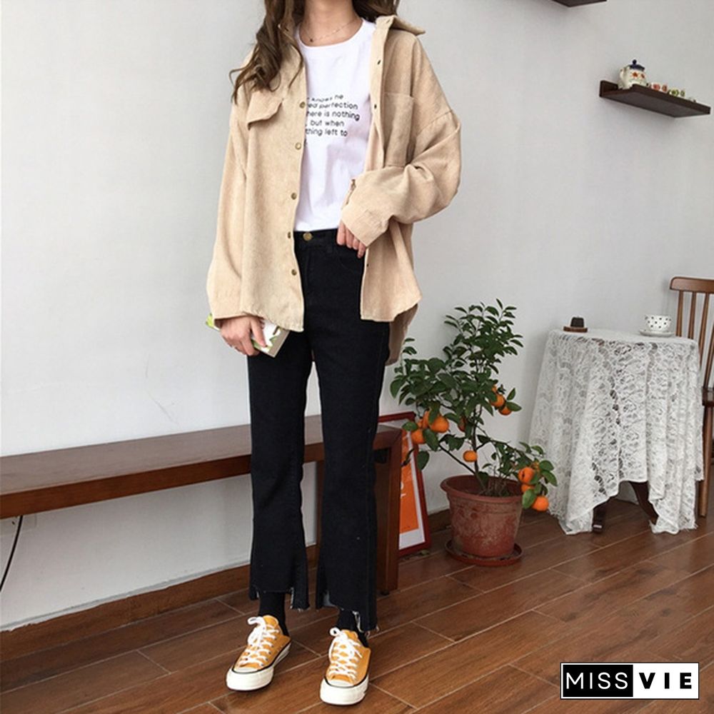 Women Vintage Spring Autumn Loose Shirts Korean Style Solid Color Blouse Long Sleeve Corduroy Coat