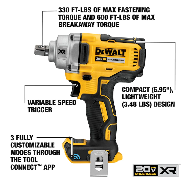 DEWALT DCF896B 20-Volt MAX XR Cordless Brushless 1/2 in. Mid-Range Impact Wrench with Detent Pin Anvil and Tool Connect (Tool-Only)