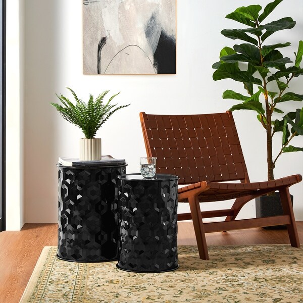 Glitzhome Set of 2 Glossy Black Metal Outdoor Table Accent Stool