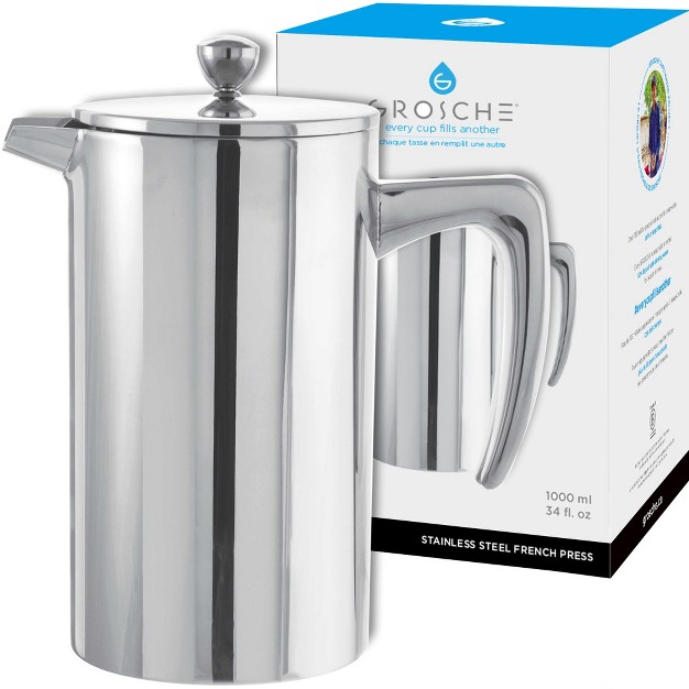 Grosche Dublin Stainless Steel Double Wall Insulated French Press 34 Fl Oz Capacity