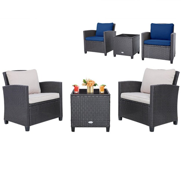 Tangkula 3pcs Outdoor Patio Rattan Conversation Set W Beige amp Navy Cushion