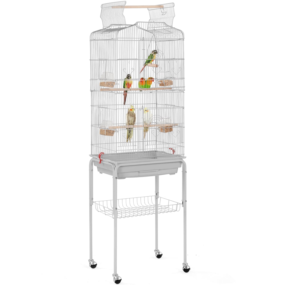 generic 64''H Open Top Metal Bird Cage Large Parrot Cage w/ Double Doors and Rolling Stand for Budgie Parrot Canary Cockatiel， Light Gray