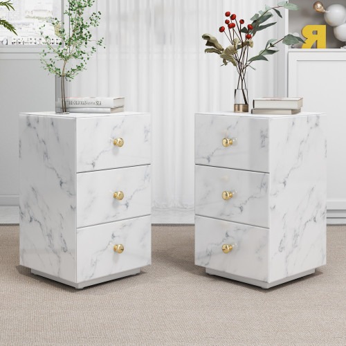 Glass Nightstand  Marble Nightstand with 3 Drawers...