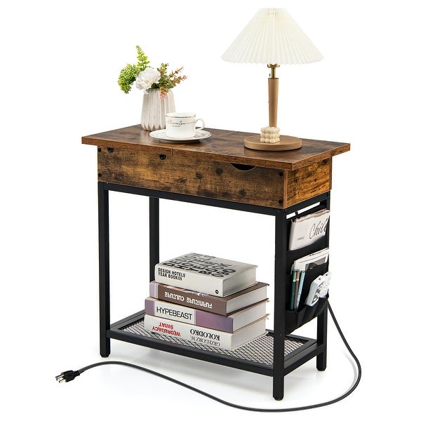 Gymax End Table with Charging Station Industrial Nightstand Flip Top