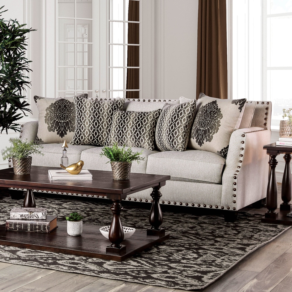 Zack Contemporary Chenille Upholstered Nailhead Trim Sofa with Decorative Pillows by Furniture of America