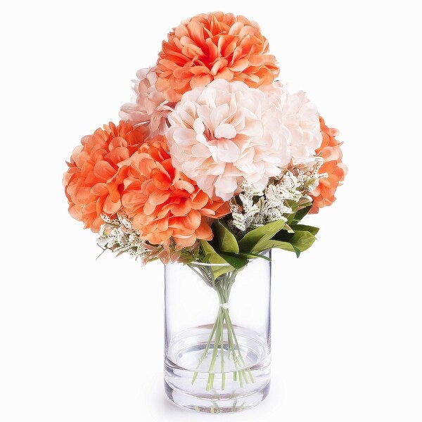 Enova Home 7 Heads Mixed Artificial Silk Dahlia Fake Flowers Arrangement in Glass Vase with Faux Water for Home Wedding Decor