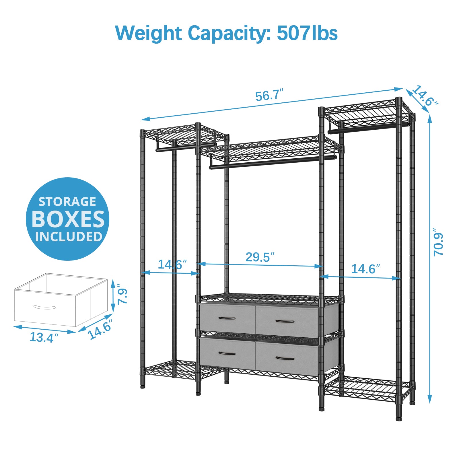 VIPEK V20 Wire Garment Rack, 56.7" L x 14.6" W x 70.9" H, Black