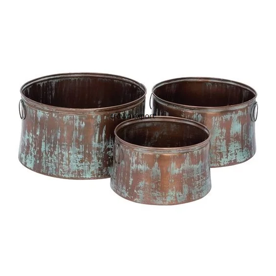 Unique Set of 3 Copper Rustic Iron Drum Planter Lawn   Garden Large Buckets Planters For Plants Storing Water Storage Baskets