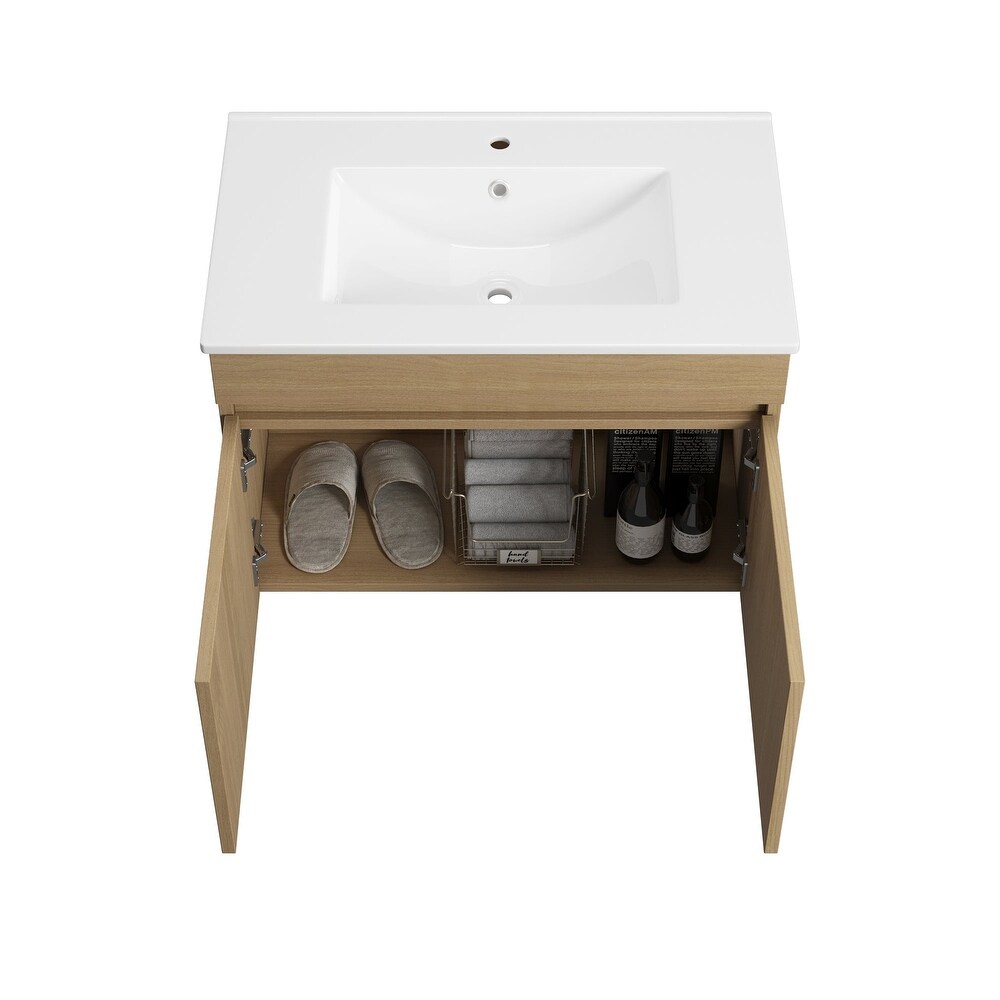 Plywood Wall Mounted Bathroom Vanity Set in Light Oak with Integrated Ceramic Sink