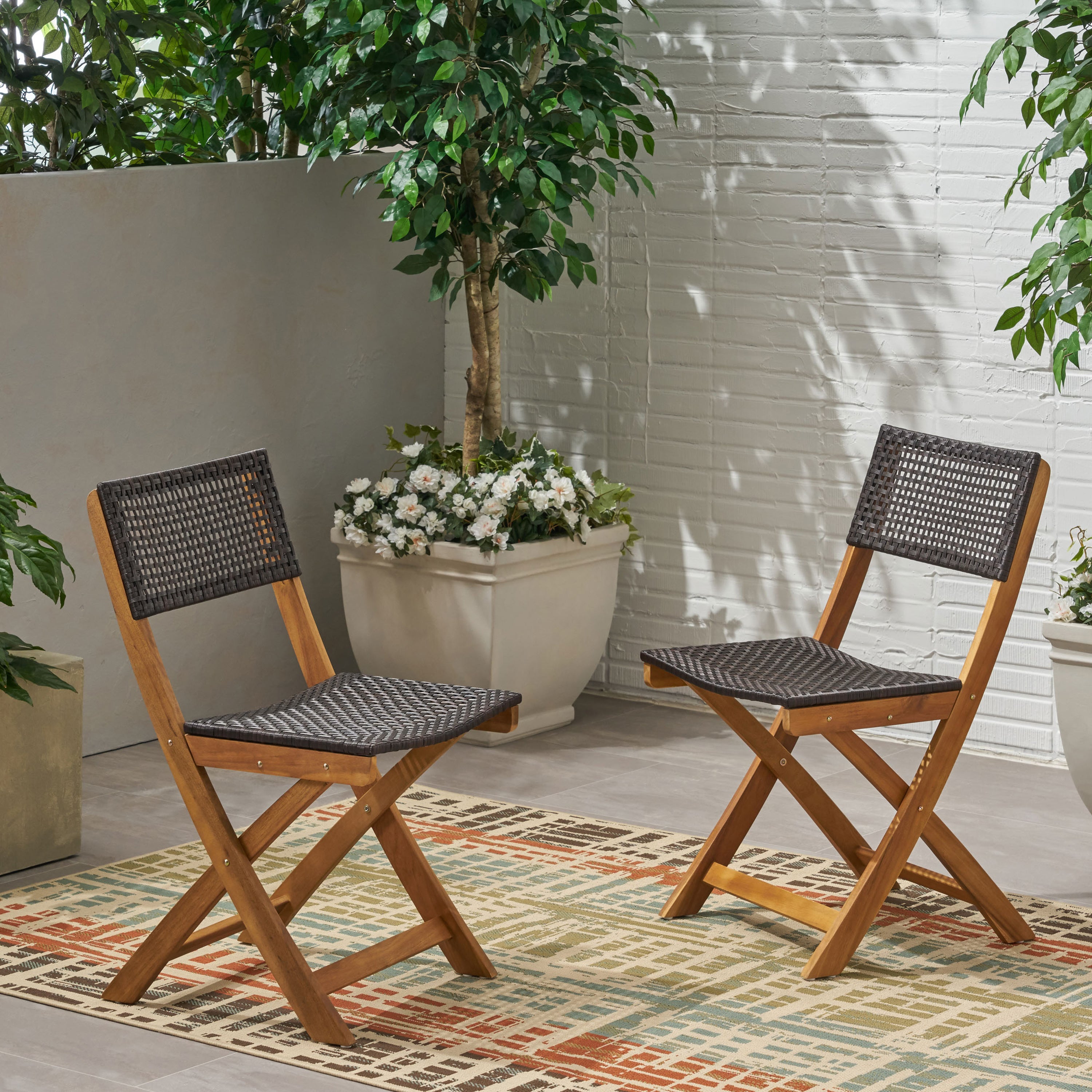 Truda Outdoor Acacia Wood Foldable Bistro Chairs with Wicker Seating (Set of 2)