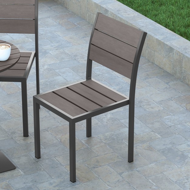 Emma And Oliver Outdoor Stacking Side Chair With Faux Teak Poly Slat Seat Back And Arms And Metal Frame