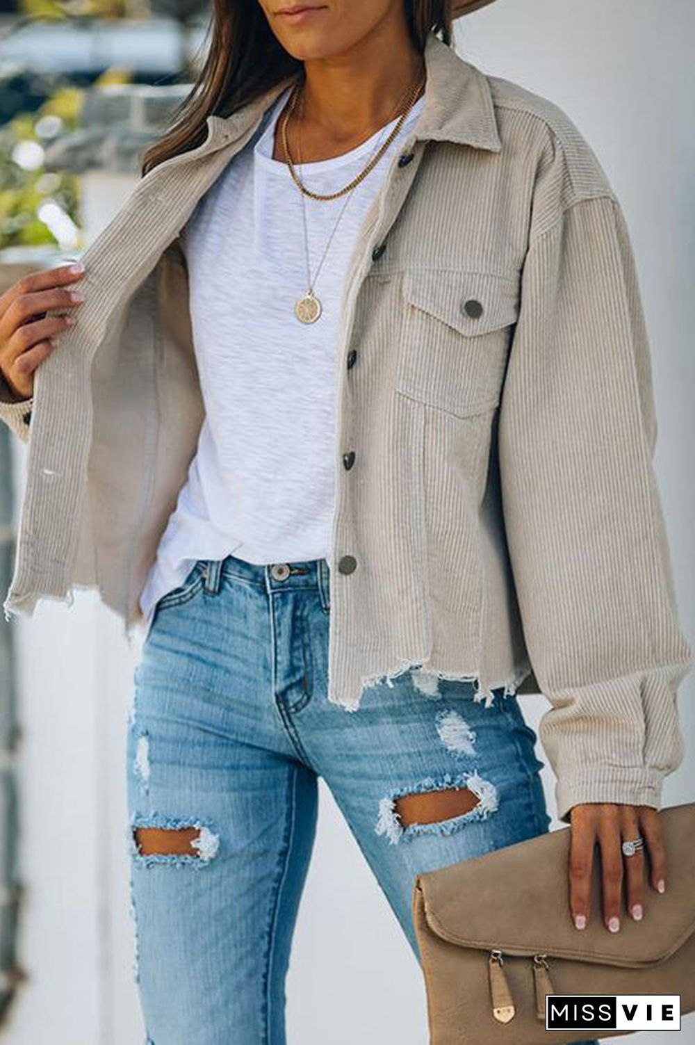 Frayed Hem Cropped Corduroy Jacket