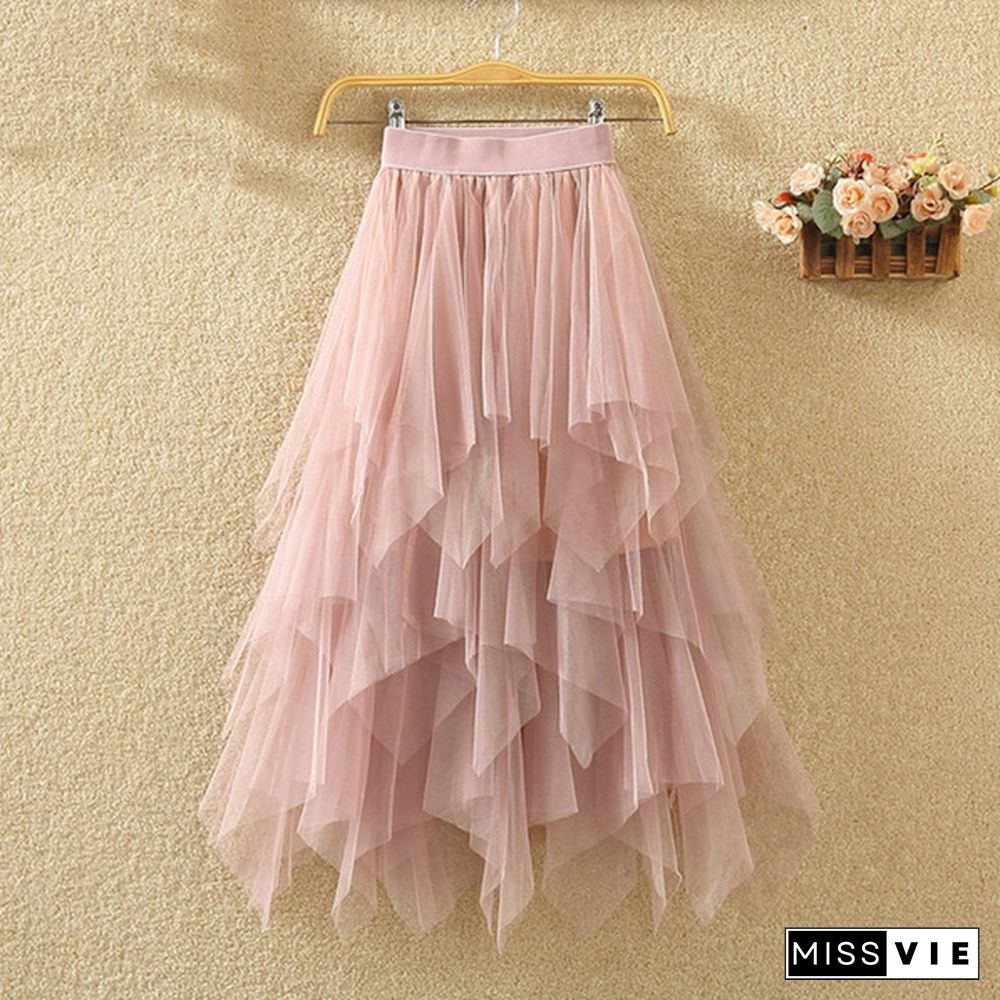 Women Summer Tulle Skirt Elastic Mesh Layered High Waist Pleated Ladies Midi Skirt