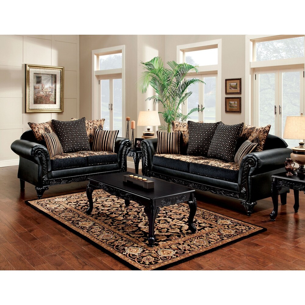 Chateau Traditional Black Faux Leather 2 Piece Sofa Set by Furniture of America