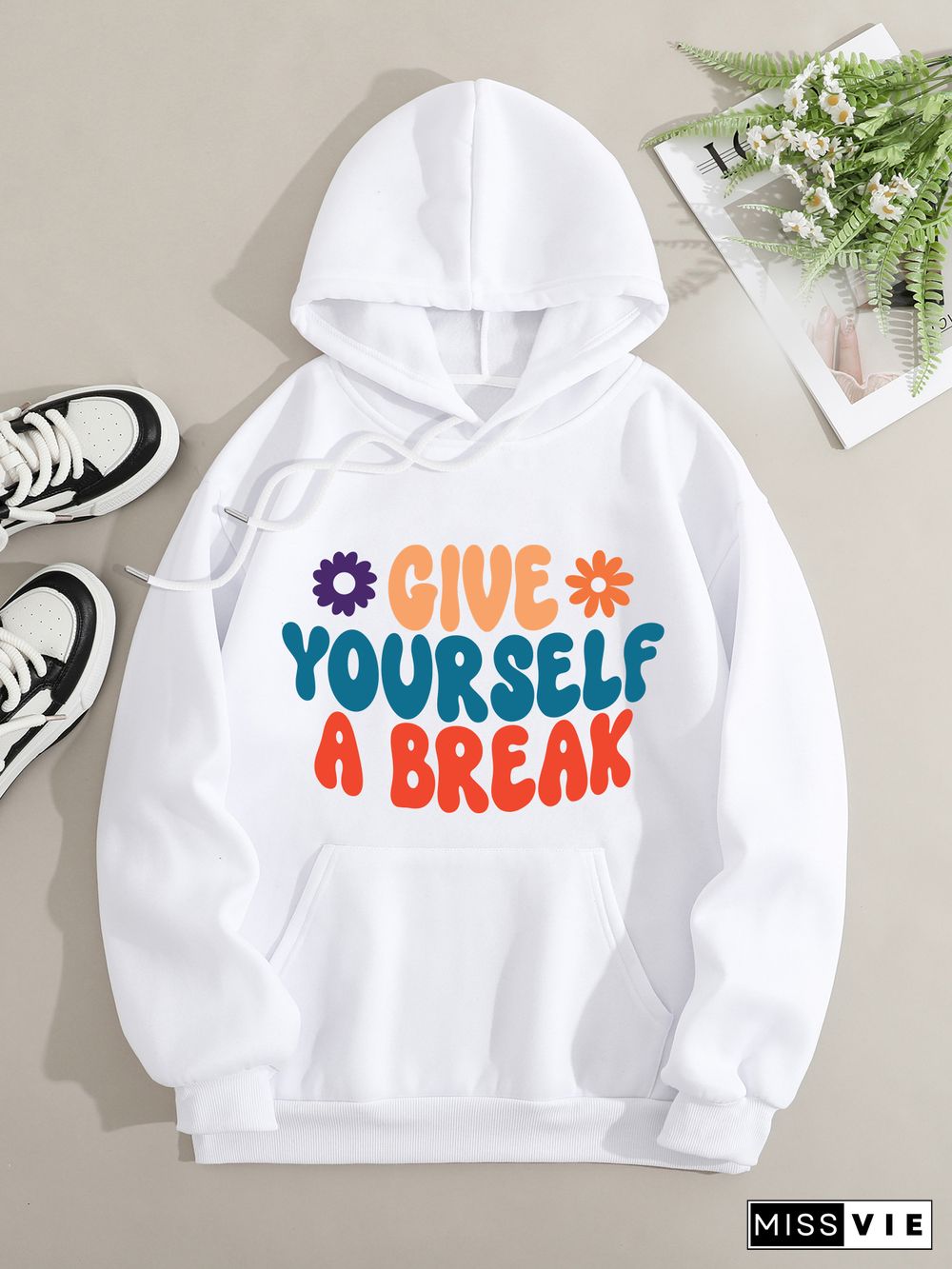 Printed on front Kangaroo Pocket Hoodie Long Sleeve for Women Pattern give yourself a break