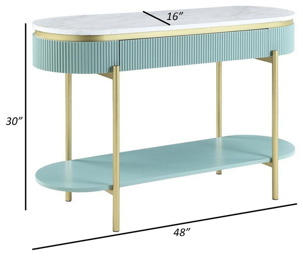 Ville 48 Inch Sofa Console Table White Faux Marble Top Teal Reeded Edge   Console Tables   by Dot  ampBo  Houzz