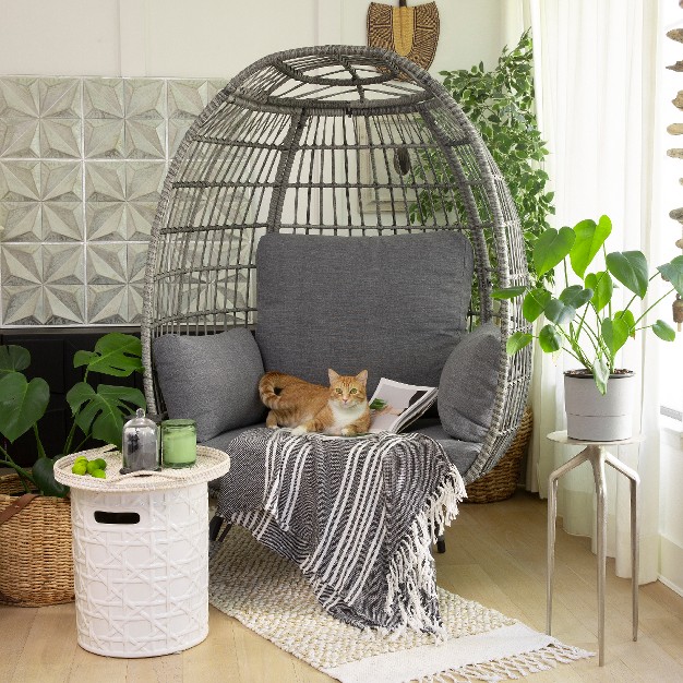 Oversized Egg Chair Style Wicker Chair With Canopy amp 4 Cushions grey