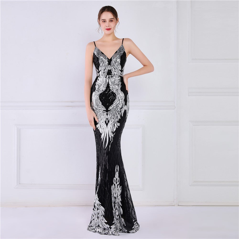 Wings Pattern Sequin Mesh Strappy Gown