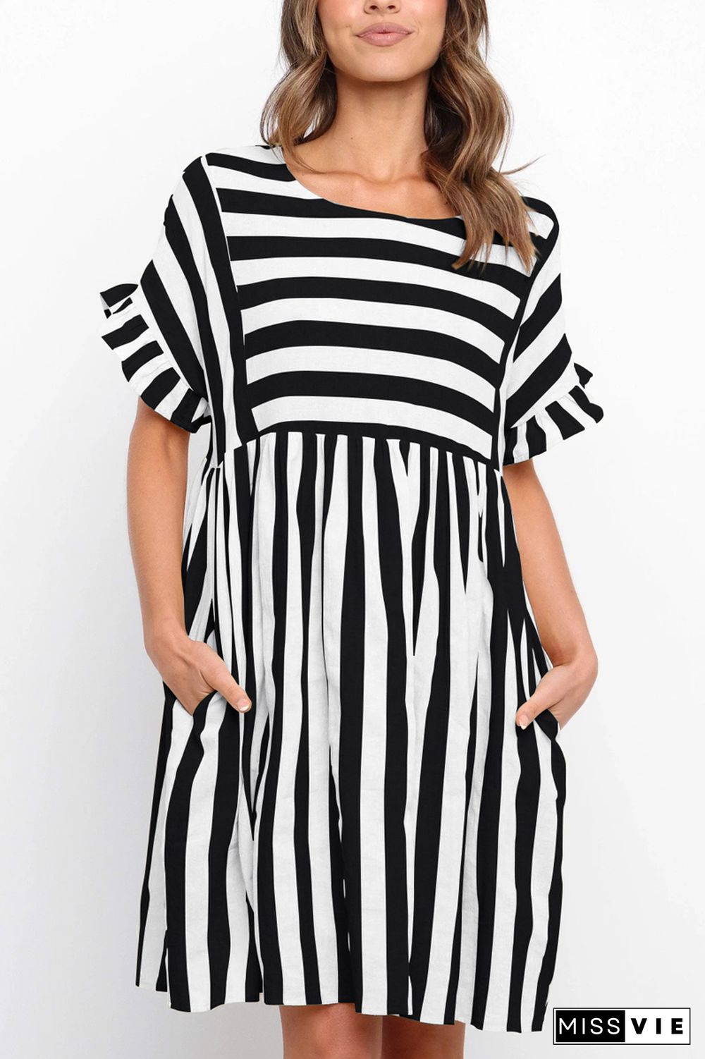 KarliDress Flounces Short Sleeved Stripes Mini Dress P12547