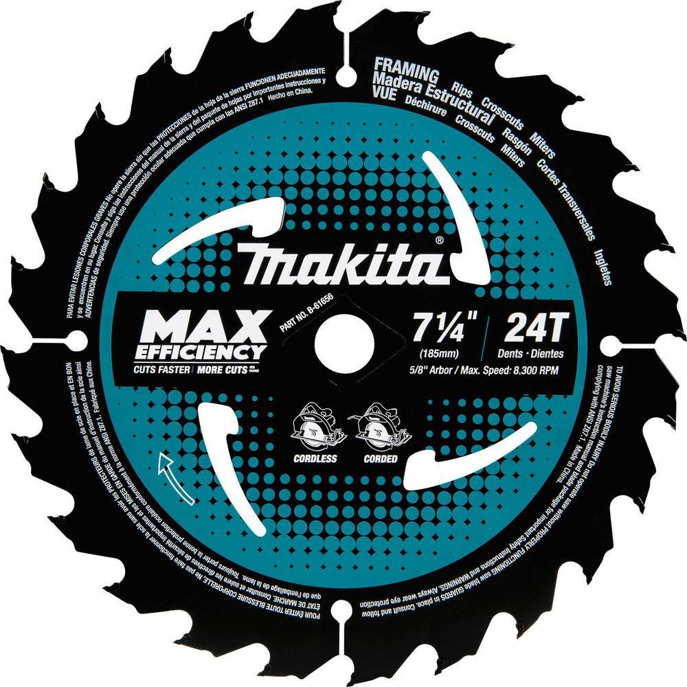 Makita 7-14 in. 24T Carbide-Tipped Max Efficiency Ultra-Thin Kerf Circular Saw Blade Framing B-61656