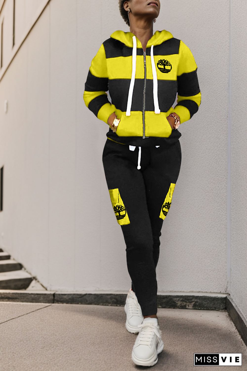 Colorblock Graphic Print Zip Up Drawstring Hoodie & Pants Set