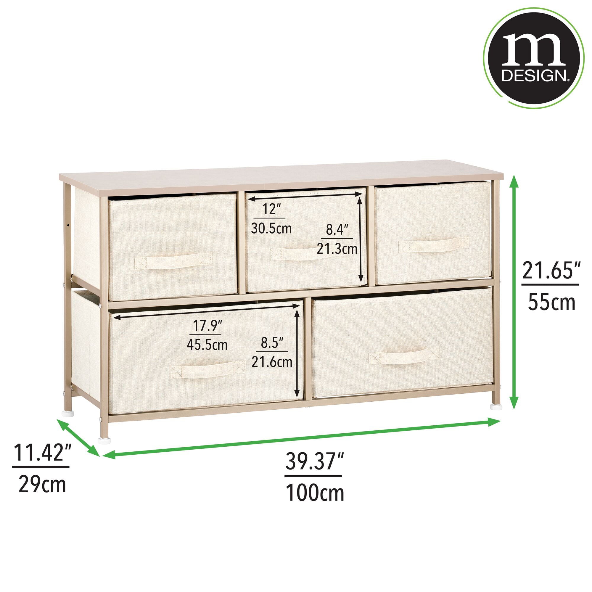 mDesign Wide Steel Frame/Wood Top Storage Dresser Furniture Unit with 5 Removable Fabric Drawers, Large Bureau Organizer for Bedroom, Living Room, Closet - Lido Collection, Cream/Gold