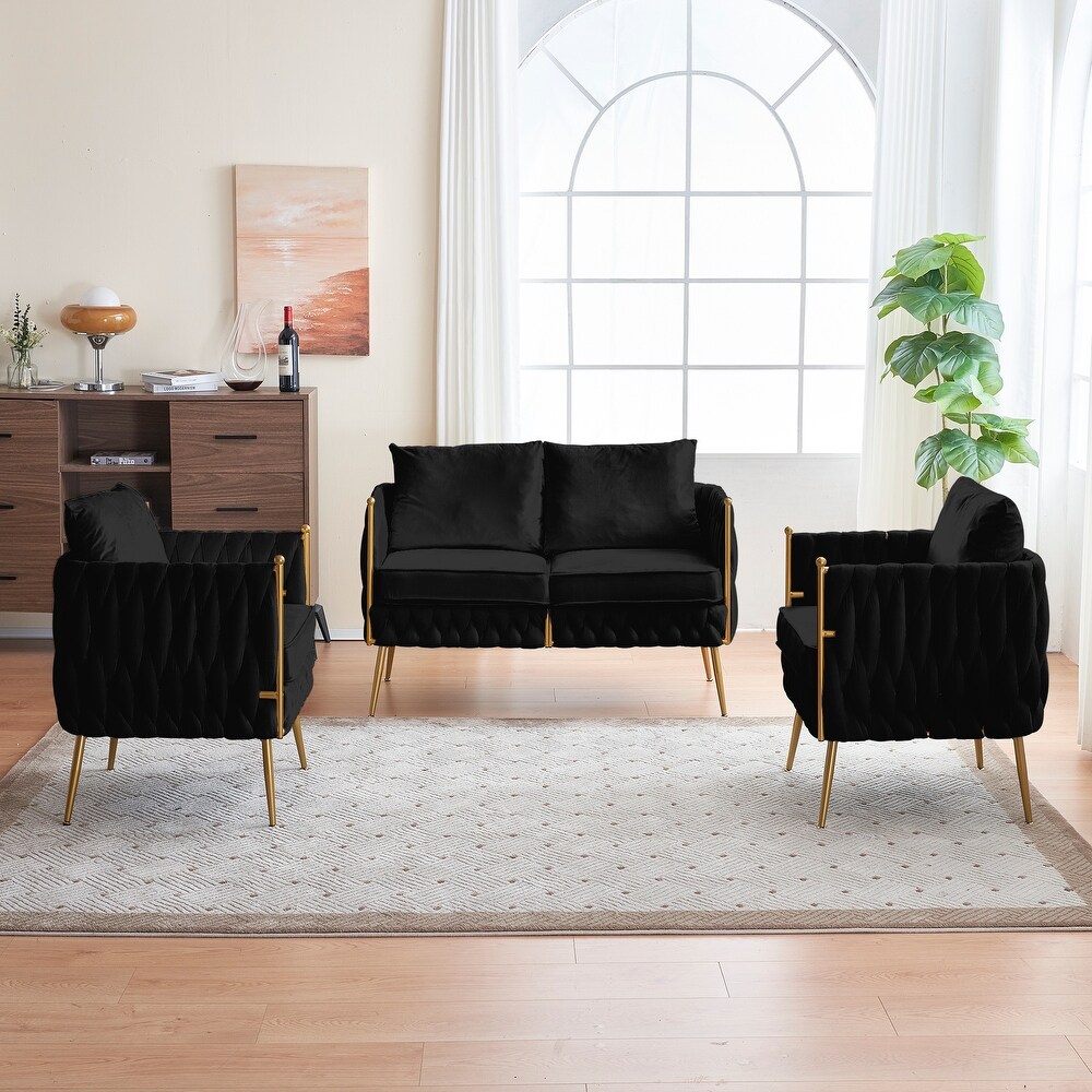 Fluffy Tufted Sectional Sofa Sets with Handmade Bucket Woven Loveseat sofa  Velvet Accent Sofa Chair with Metal Legs  Black