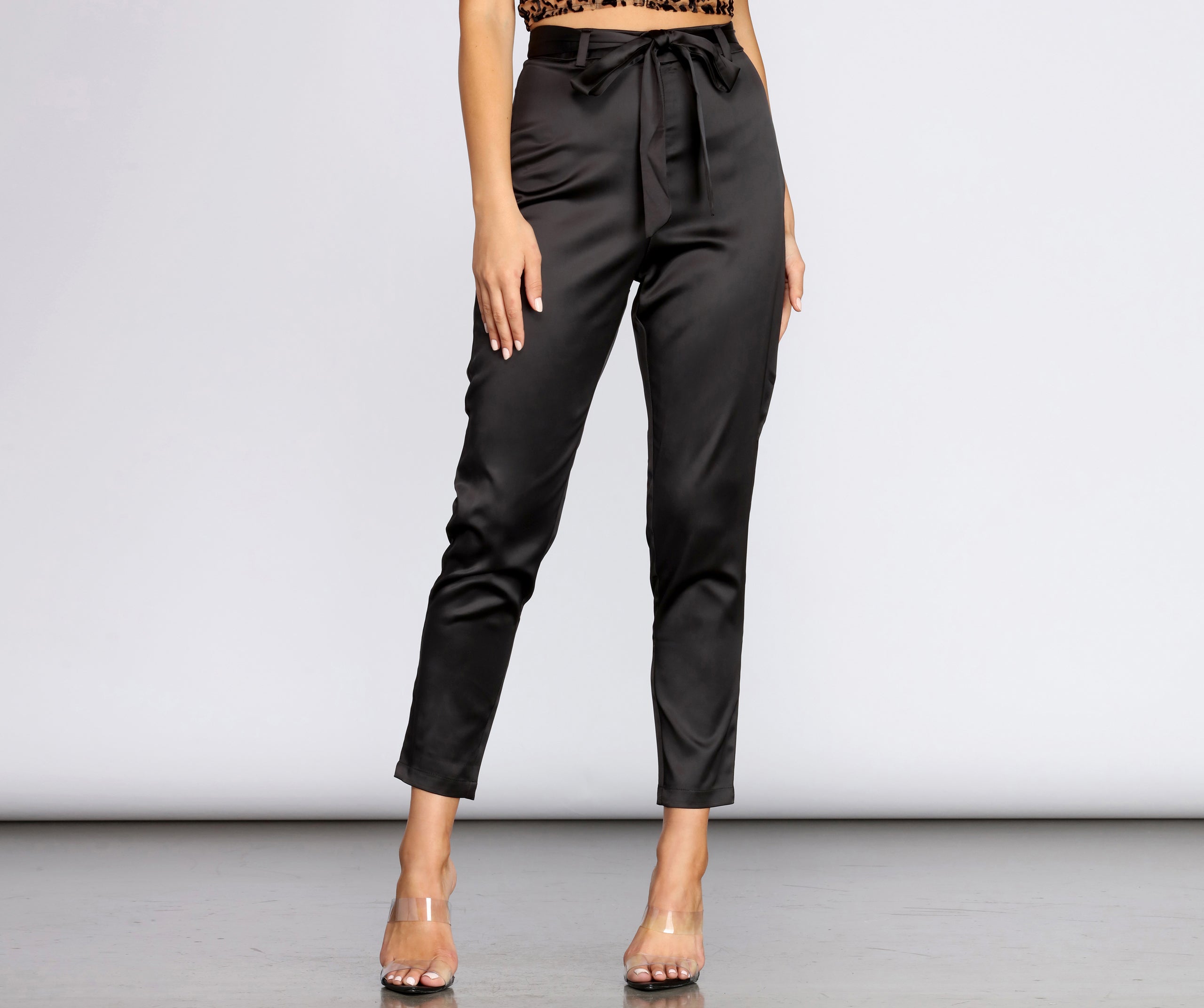 Tie Waist Satin Tapered Pants