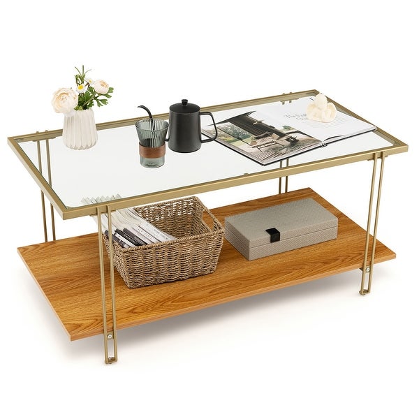 2 Tier Rectangle Glass Coffee Table Modern Cocktail Accent Table - 39.5'' x 18'' x 20'' (L x W x H)