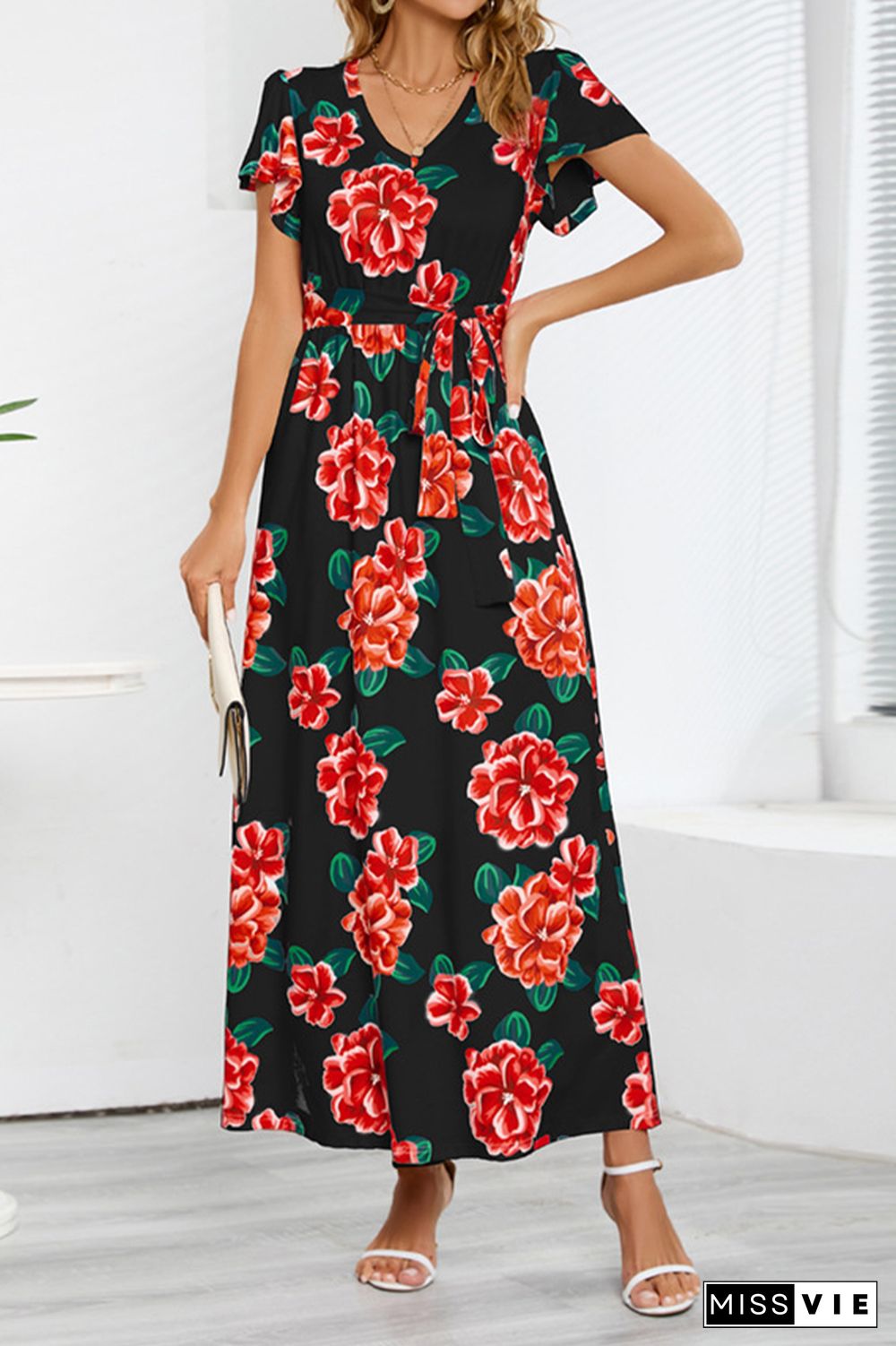 V Neck Short Sleeves Floral Maxi Dress