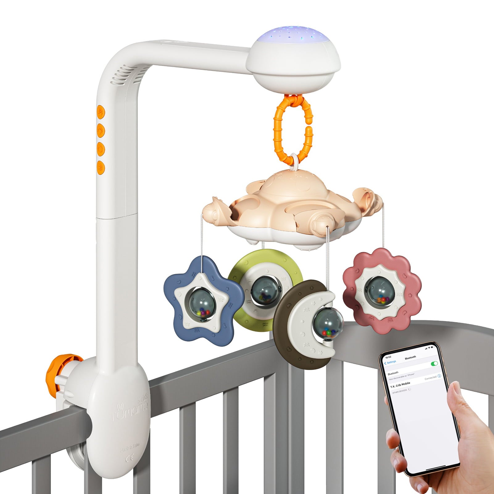 Gecheer Baby Crib Mobile with Projection Night Light Soothing Music White Noise Hanging Rattle Toys 360° Rotatable Wireless BT