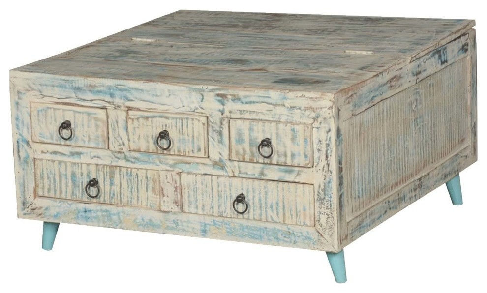 Vernon White Washed Reclaimed Wood Square Coffee Table 5 Drawer Chest   Farmhouse   Coffee Tables   by Sierra Living Concepts Inc  Houzz