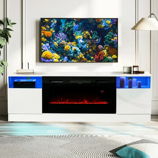 Modern TV Stand  Large Design With Center Fireplace  ampLED Lighting  Black/White   Modern   Entertainment Centers And Tv Stands   by Declusia  Houzz