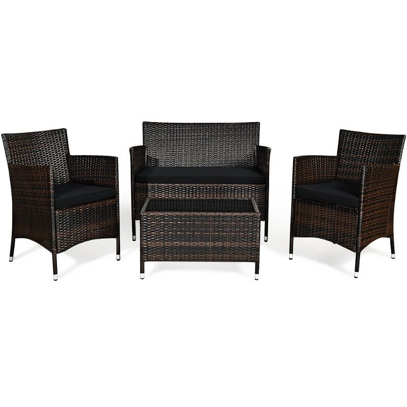 4 Pieces Rattan Sofa Set With Glass Table And Comfortable Wicker For Outdoor Patio