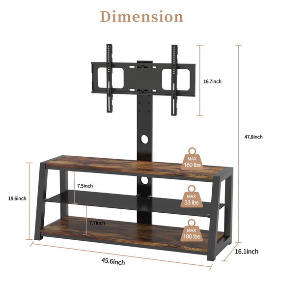 Wooden Storage TV Stand Black Tempered Glass Heigh...