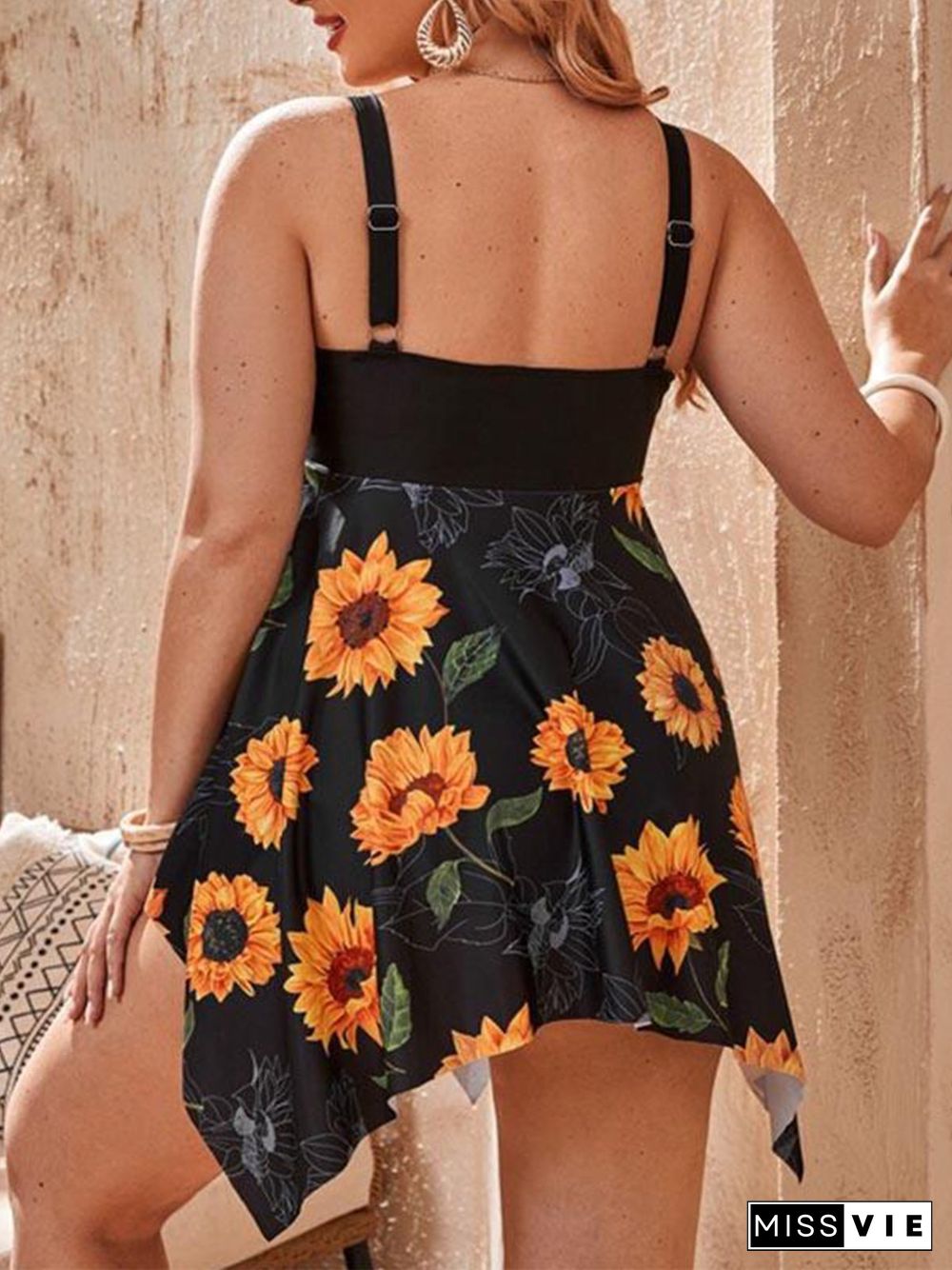 Sunflower Bow Knot Skirt Cover Belly Slim Split Tankini Plus Size