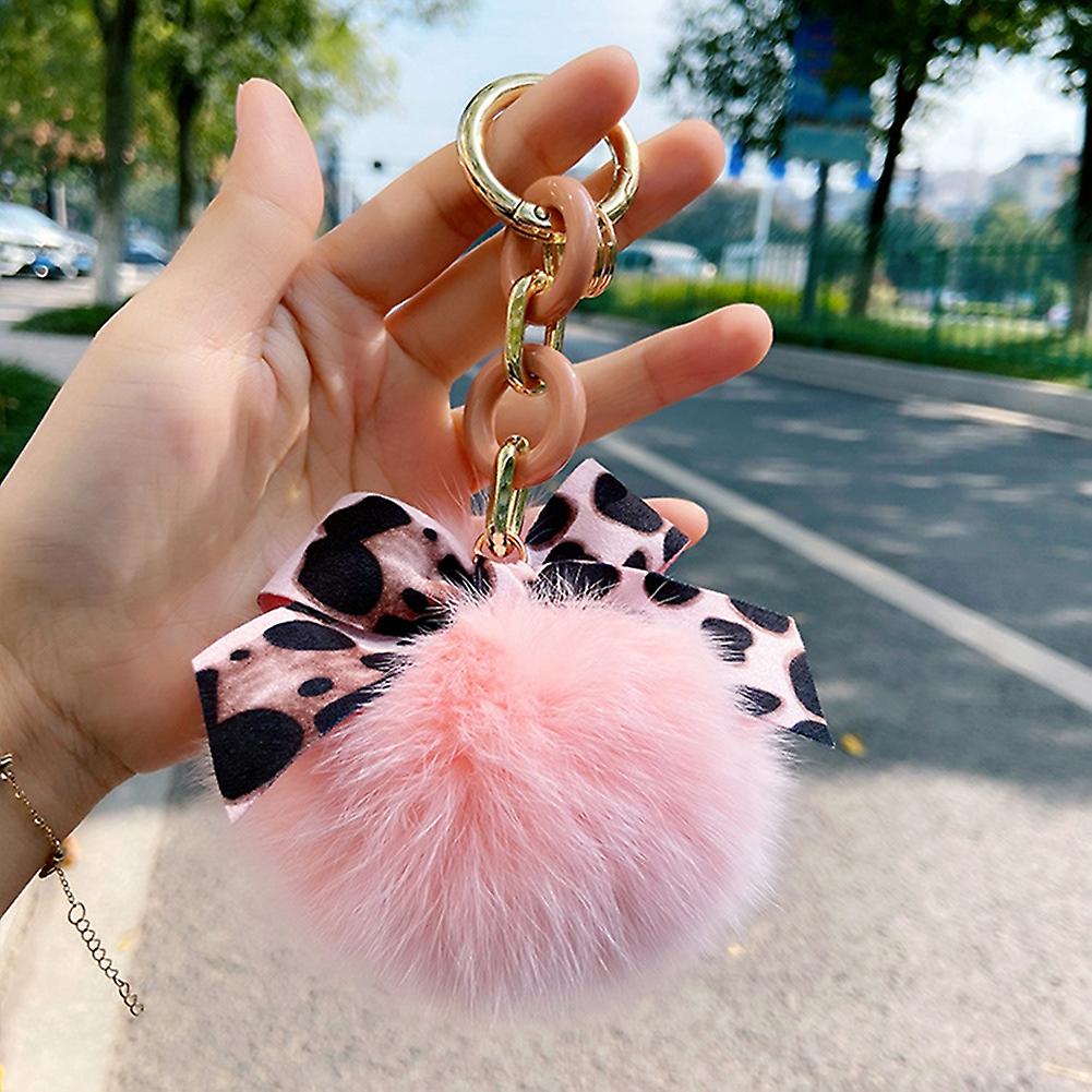 Stylish Soft Plush Key Ring Leopard Pattern Bowknot Keychain Car Ornament Pendant Accessory For Ladies Girls Women Champagne