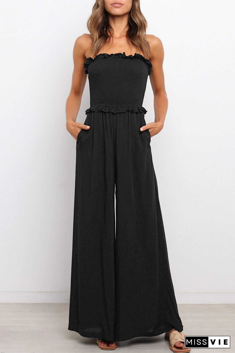 Black Smocked Bandeau Wide Leg Jumpsuit