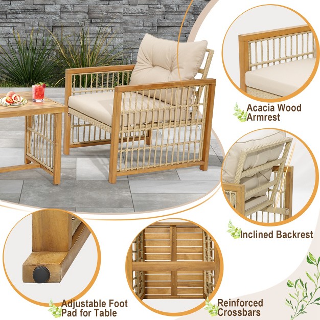 Costway 3pcs Patio Pe Wicker Conversation Set Acacia Wood Frame Withseat amp Back Cushions