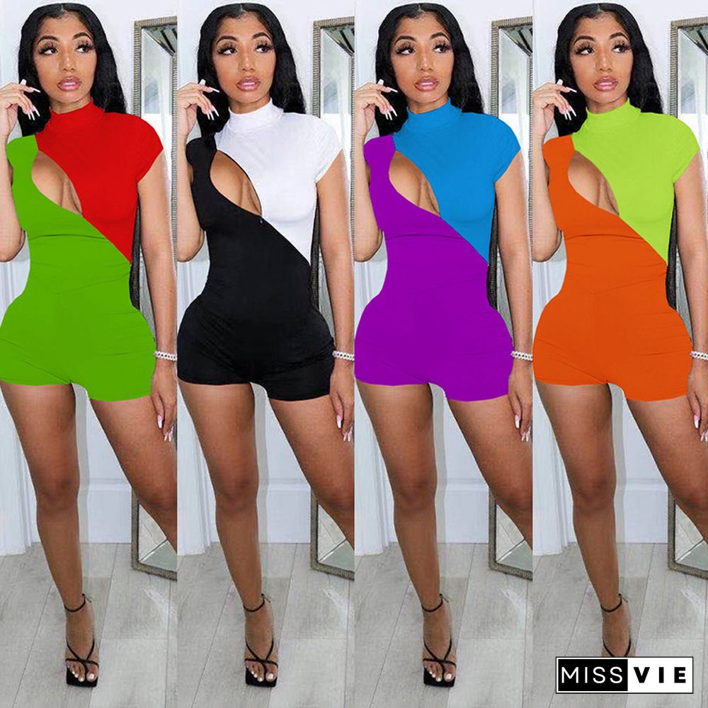 Hot Sales Women Patchwork Color Sleeveless O-Neck Hollow Out Summer Fashion Bodycon Romper