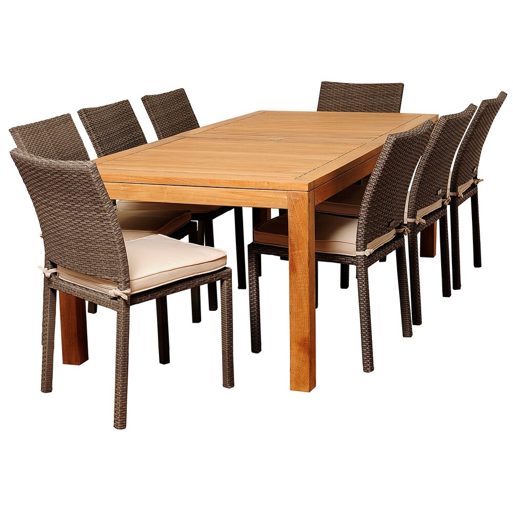 Damian 9 Piece Outdoor Dining Set Teak Wicker Rectangular Patio Furniture with Off White Cushions