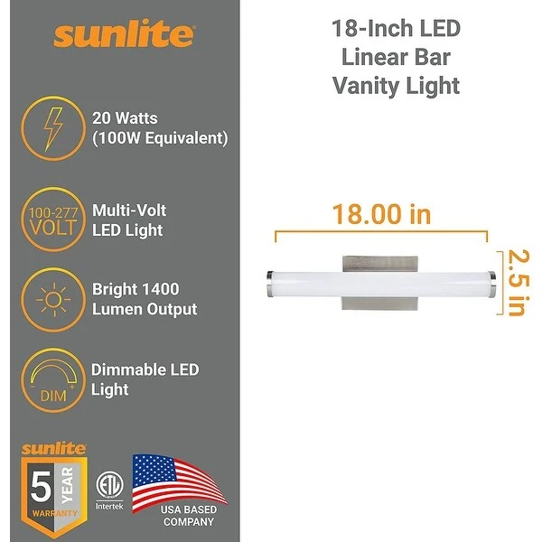 Sunlite 18 in. Brushed Nickel LED with Adjustable CCT 3000K 4000K 5000K Dimmable 1400 Lumen Linear Bar Vanity Light