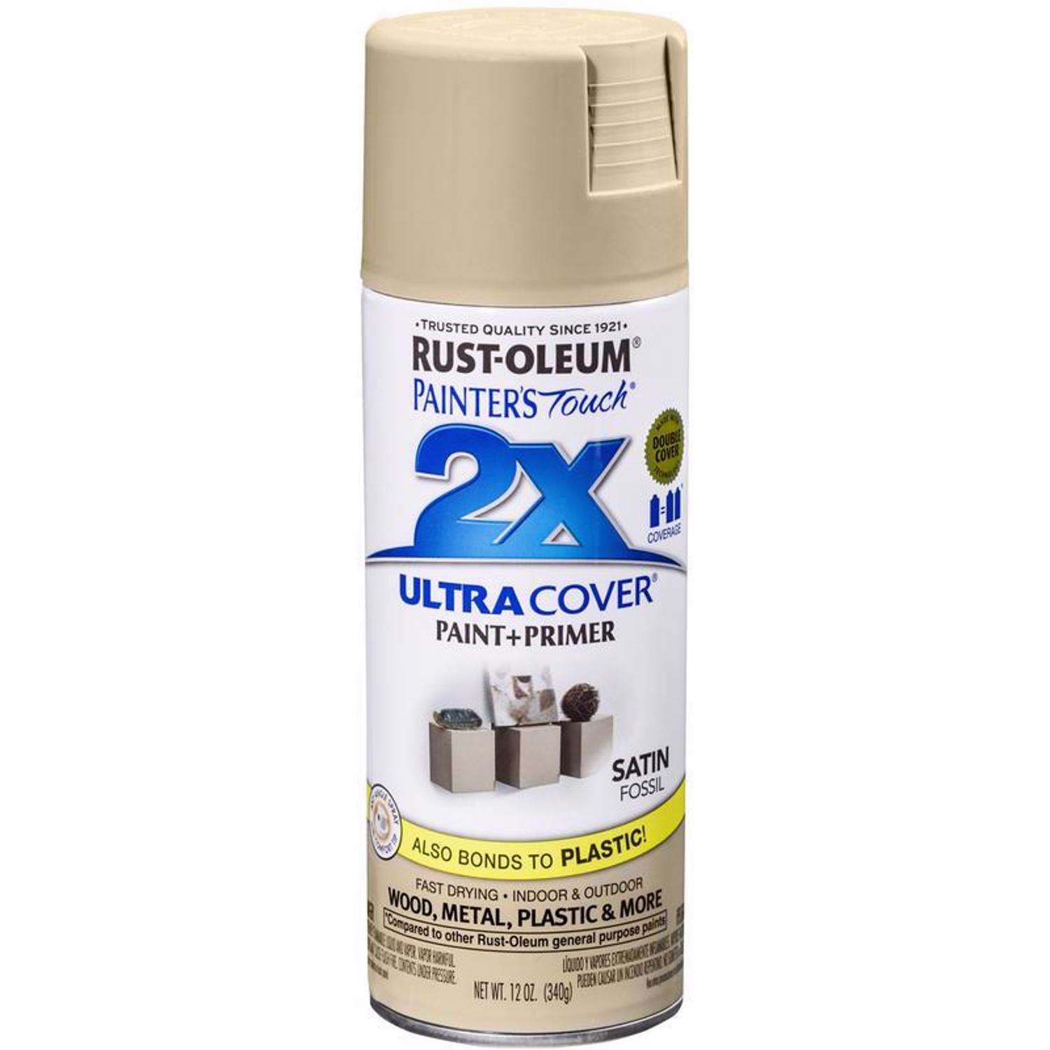 Rust-Oleum Painter\u0027s Touch 2X Ultra Cover Satin Fossil Paint+Primer Spray Paint 12 oz